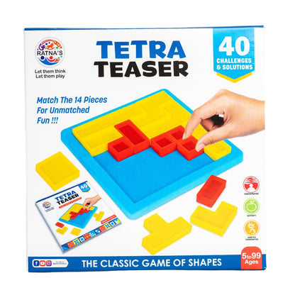 Ratna's Tetra Teaser, Classic Shape Puzzle Game, 40 Challenges, 12 x 12 cm Board, Mind Challenging Family Game for All Ages