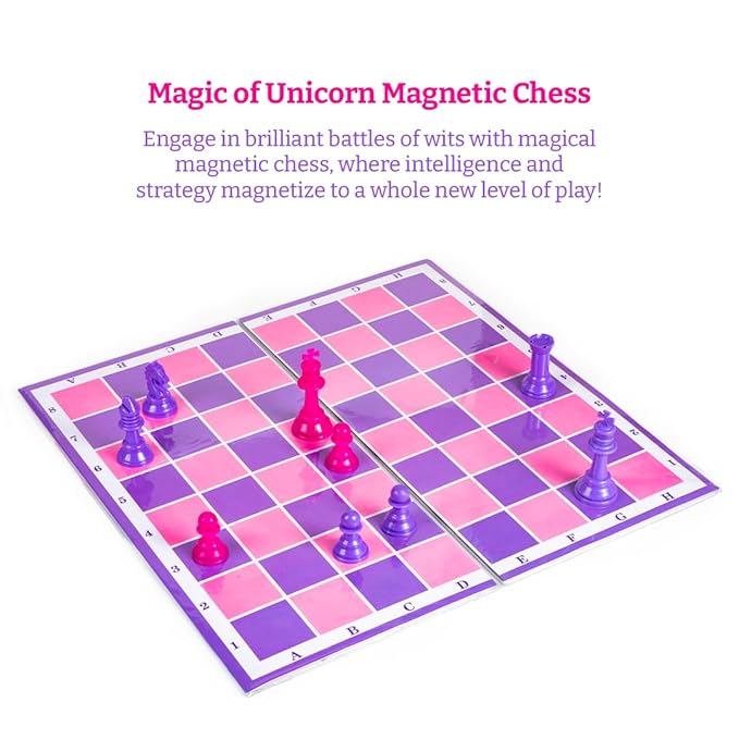 Ratna's Unicorn Magnetic Chess Senior Foldable Magnetic Chess Board Set with Magnetic Pieces for Kids and Adults (13x13 Inches, Pink & Purple Board)