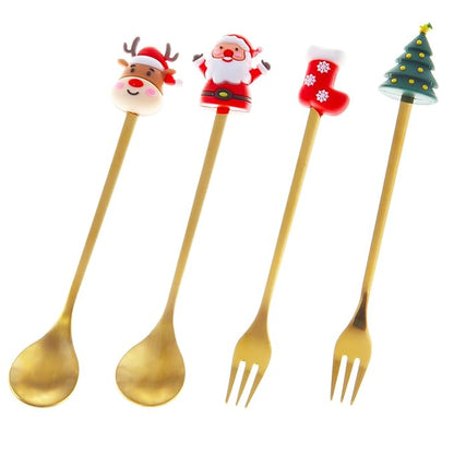 4Pack Stainless Steel Christmas Coffee Spoon and Xmas Dinner Forks Set -Dessert Fruit Ice Cream Iced Tea Spoon, Cake Forks - Gifts for Christmas Party Supply