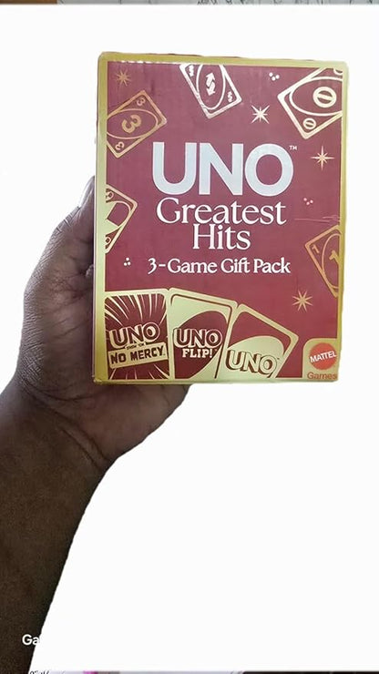 Mattel Games UNO Greatest Hits Gift Pack with 3 Card Games, UNO, UNO Flip & UNO Show ‘em No Mercy for Kids, Teens, Grown-Ups & Family Nights & Parties