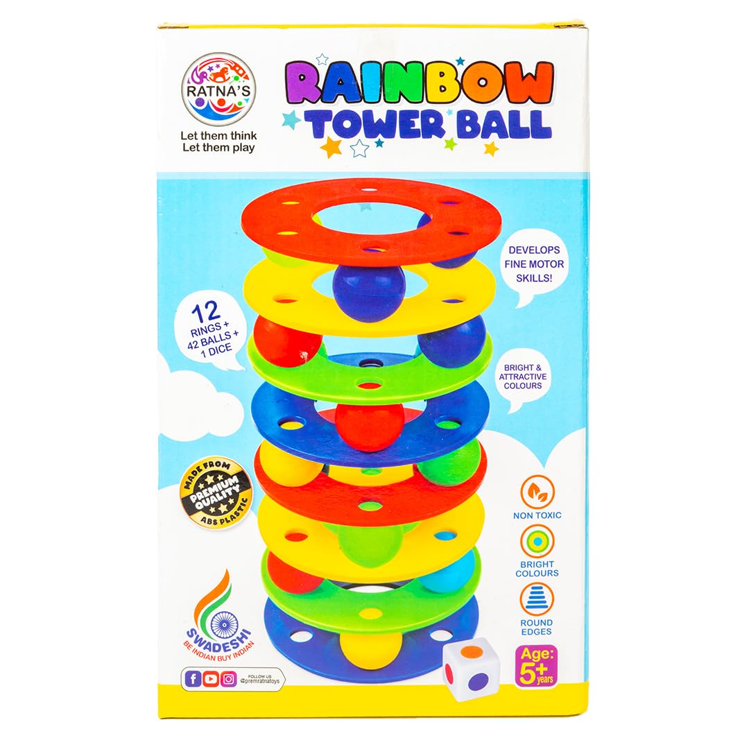 RATNA'S Rainbow Tower Ball Set of 12 Rings, 42 Balls & 1 Dice, Interactive Toy for Kids Ages 5+ Years