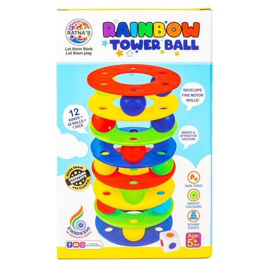 RATNA'S Rainbow Tower Ball Set of 12 Rings, 42 Balls & 1 Dice, Interactive Toy for Kids Ages 5+ Years