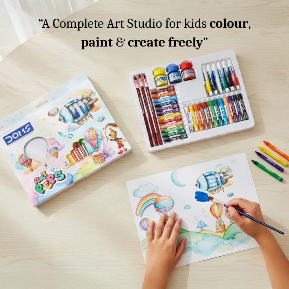 Doms Art Peps Kit | Combination of 5 Various Stationery Items | 12 Wax Crayons + 6 Watercolour Tubes + 12 Oil Pastels + 3 N. Drawing Pencils + 3 Poster Colours | Official Merchandise