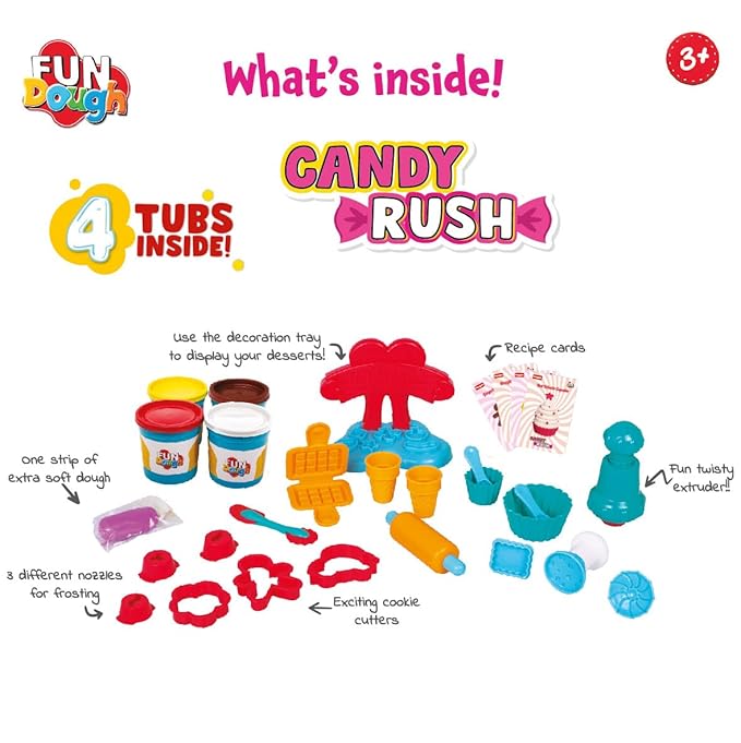Funskool Fundough Candy Rush, Play Set for Kids, 4 Colorful Tubs of 125g Each (500g Total), Fun Learning & Engaging Activity, Multicolour, Gift Set for Kids, Age 3+ Years