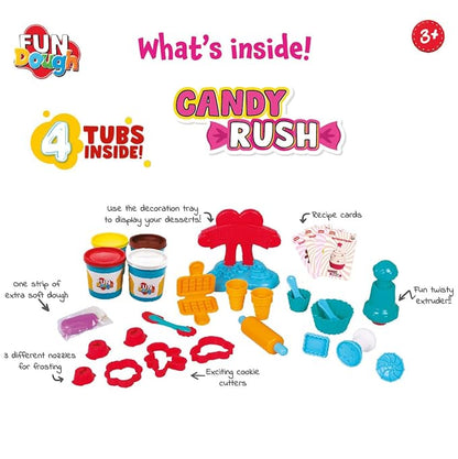 Funskool Fundough Candy Rush, Play Set for Kids, 4 Colorful Tubs of 125g Each (500g Total), Fun Learning & Engaging Activity, Multicolour, Gift Set for Kids, Age 3+ Years