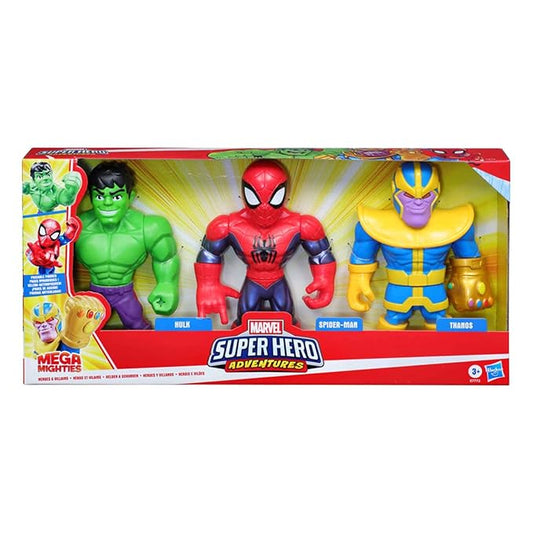 SUPER HERO ADVENTURES Marvel Mega Mighties 10-inch Figure 3 Pack, Thanos, Spider-Man, Hulk Toys for Ages 3 and Up