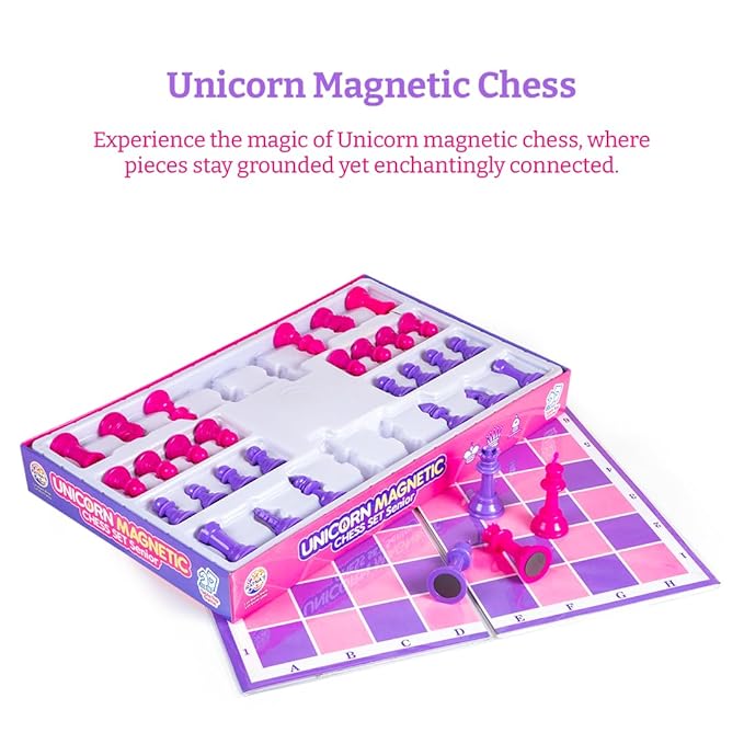 Ratna's Unicorn Magnetic Chess Senior Foldable Magnetic Chess Board Set with Magnetic Pieces for Kids and Adults (13x13 Inches, Pink & Purple Board)