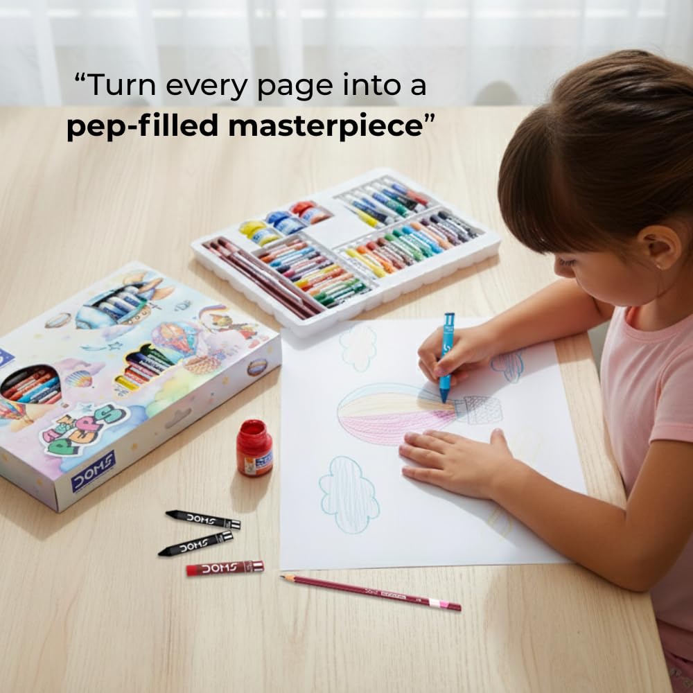 Doms Art Peps Kit | Combination of 5 Various Stationery Items | 12 Wax Crayons + 6 Watercolour Tubes + 12 Oil Pastels + 3 N. Drawing Pencils + 3 Poster Colours | Official Merchandise