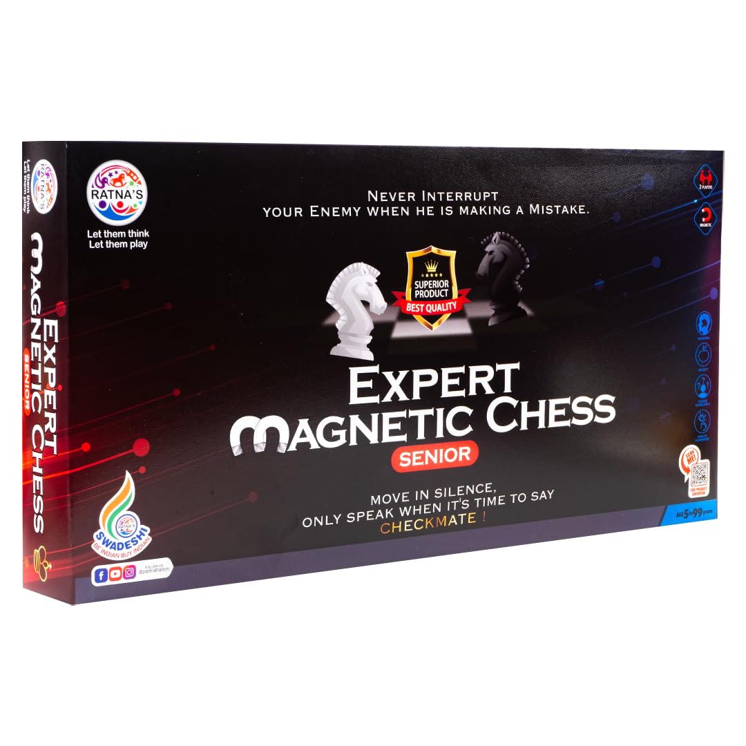Ratna's Expert Magnetic Chess Senior Foldable Magnetic Chess Board Set with Magnetic Pieces for Kids and Adults (13x13 Inches, Black & White Board)