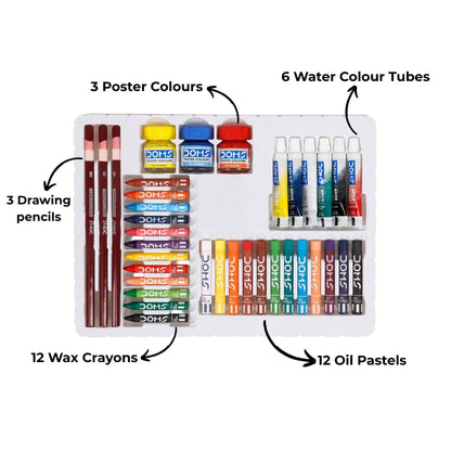 Doms Art Peps Kit | Combination of 5 Various Stationery Items | 12 Wax Crayons + 6 Watercolour Tubes + 12 Oil Pastels + 3 N. Drawing Pencils + 3 Poster Colours | Official Merchandise