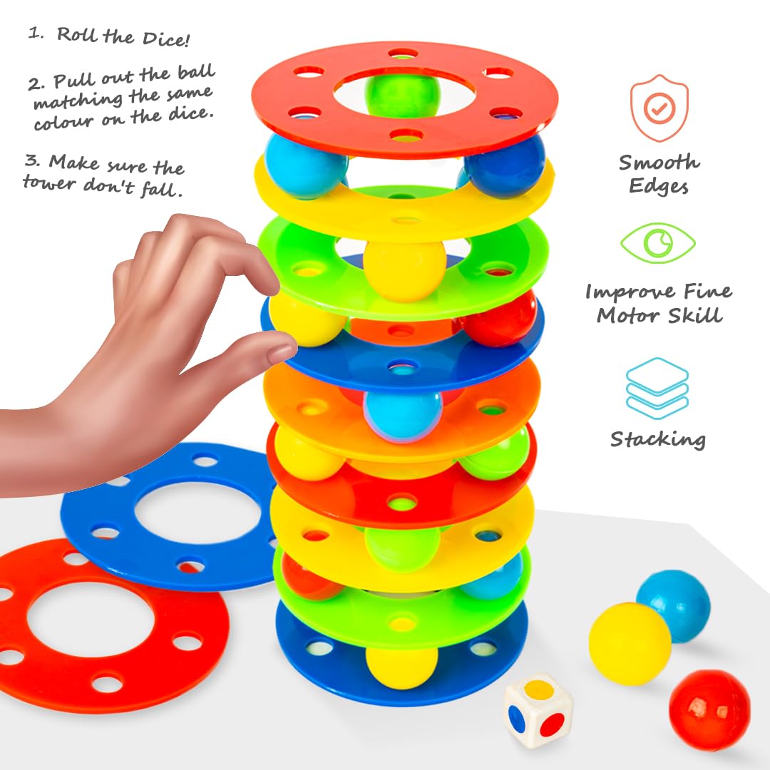 RATNA'S Rainbow Tower Ball Set of 12 Rings, 42 Balls & 1 Dice, Interactive Toy for Kids Ages 5+ Years