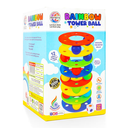 RATNA'S Rainbow Tower Ball Set of 12 Rings, 42 Balls & 1 Dice, Interactive Toy for Kids Ages 5+ Years