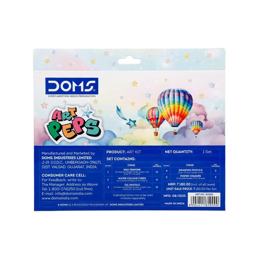 Doms Art Peps Kit | Combination of 5 Various Stationery Items | 12 Wax Crayons + 6 Watercolour Tubes + 12 Oil Pastels + 3 N. Drawing Pencils + 3 Poster Colours | Official Merchandise