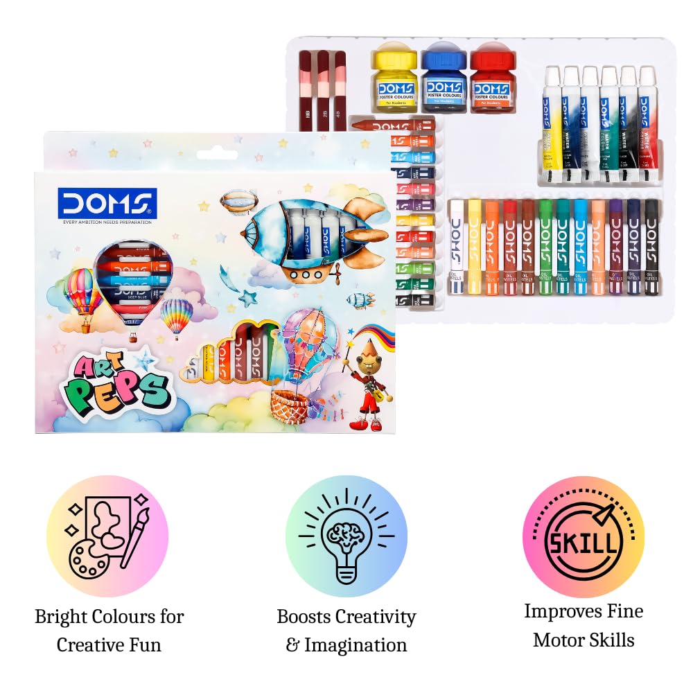 Doms Art Peps Kit | Combination of 5 Various Stationery Items | 12 Wax Crayons + 6 Watercolour Tubes + 12 Oil Pastels + 3 N. Drawing Pencils + 3 Poster Colours | Official Merchandise