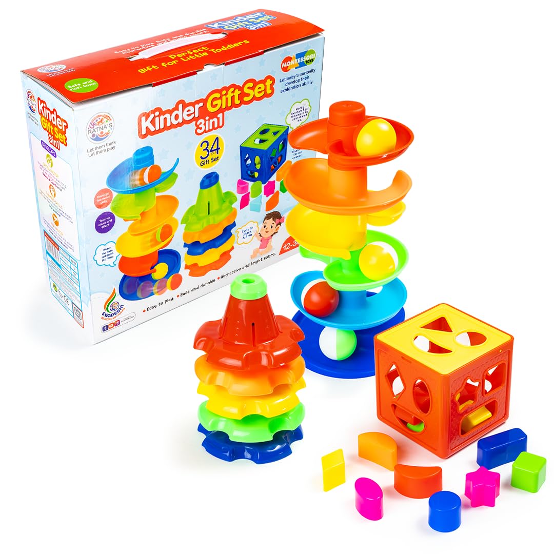Ratna's 3 in 1 Kinder Gift Set Containing Stack-N-Spin, Rainbow Spinning Tower & Shape Sorter Cube Montessori Toys Preschool Learning for Infants & Toddlers