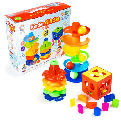 Ratna's 3 in 1 Kinder Gift Set Containing Stack-N-Spin, Rainbow Spinning Tower & Shape Sorter Cube Montessori Toys Preschool Learning for Infants & Toddlers