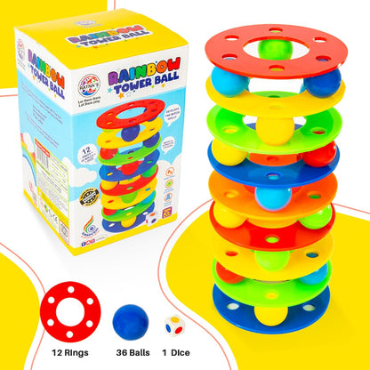 RATNA'S Rainbow Tower Ball Set of 12 Rings, 42 Balls & 1 Dice, Interactive Toy for Kids Ages 5+ Years