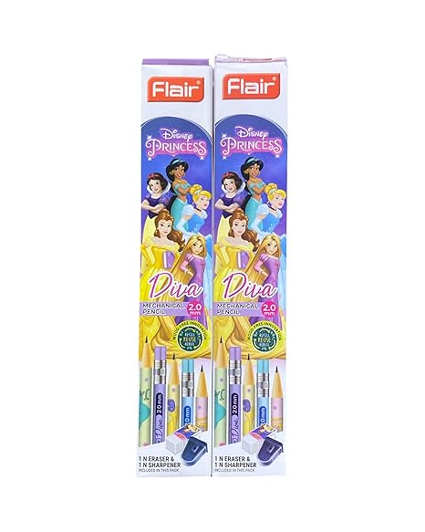 Flair Diva 2mm Mechanical Pencil | Pack of 10 × 2 Boxes (20 Pencils Total) | Disney Princess Edition with Eraser & Sharpener | Smooth, Refillable & Stylish Pencils for Girls, Kids