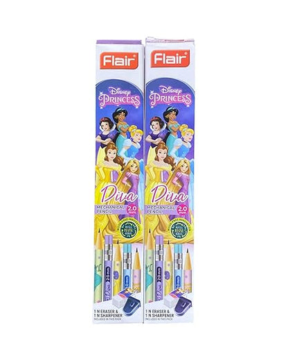 Flair Diva 2mm Mechanical Pencil | Pack of 10 × 2 Boxes (20 Pencils Total) | Disney Princess Edition with Eraser & Sharpener | Smooth, Refillable & Stylish Pencils for Girls, Kids