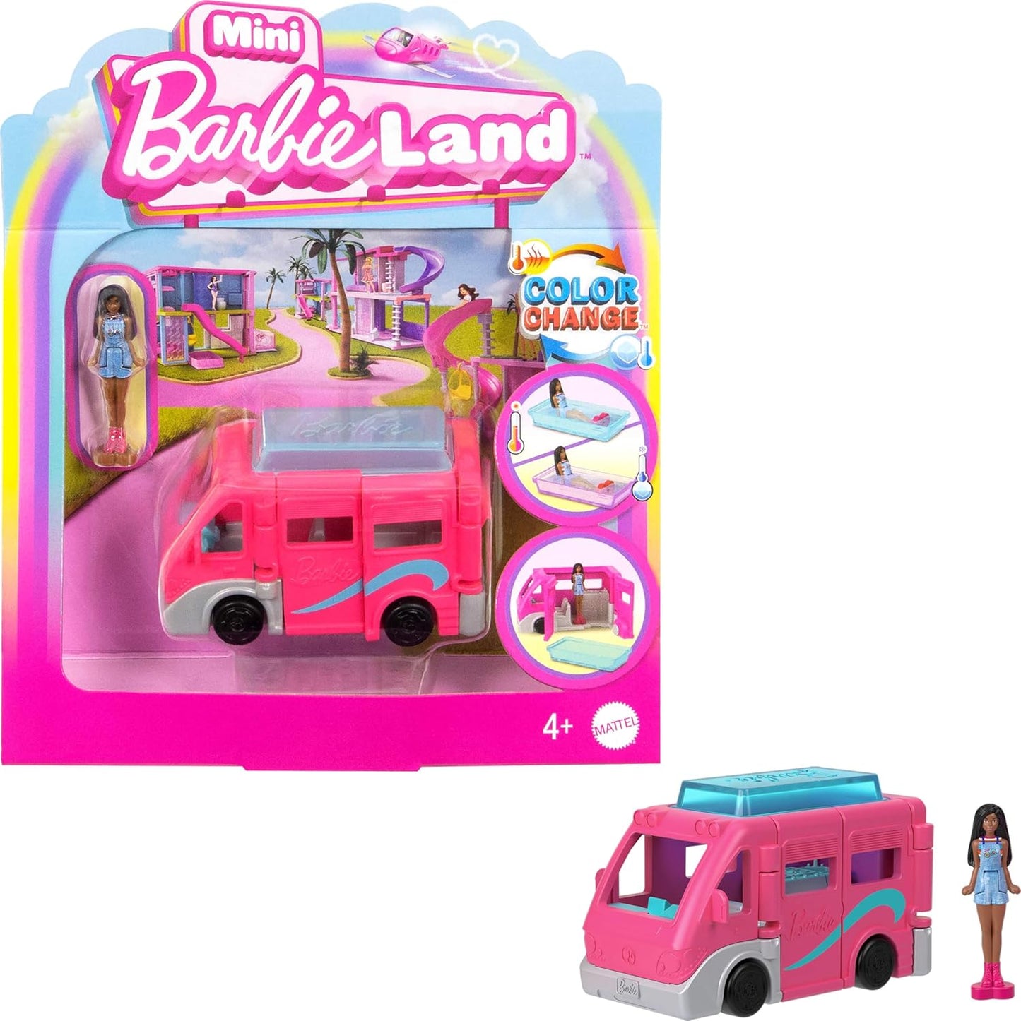 Barbie Mini BarbieLand Doll & Toy Vehicle Set, 1 1/2-inch Doll & DreamCamper with Working Doors & Color-Change Pool