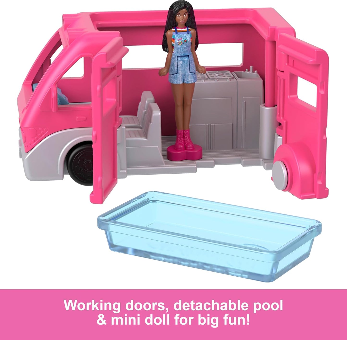 Barbie Mini BarbieLand Doll & Toy Vehicle Set, 1 1/2-inch Doll & DreamCamper with Working Doors & Color-Change Pool