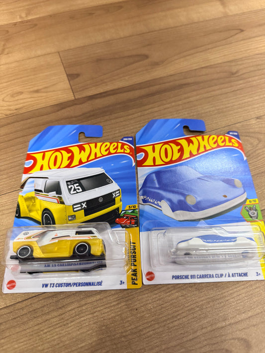 SINGLE HOT WHEELS CAR PORSCHE 911 CARRERA CLIP/A ATTACHE AND VW T3 CUSTOM PERSONALISSE
