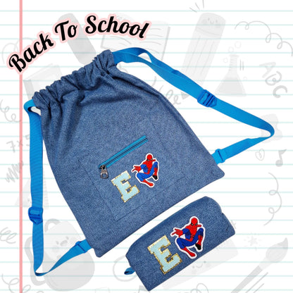Personalised Denim String Bag And Pencil Pouch Combo