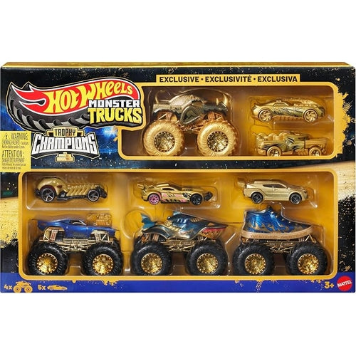 Hot Wheels JND72 Monster Truck, Trophy Champion, Multi-Pack, Vehicle Toy, 4 Monster Trucks, 5 Mini Cars, Total of 9 Cars, Ages 3 and Up, Gold