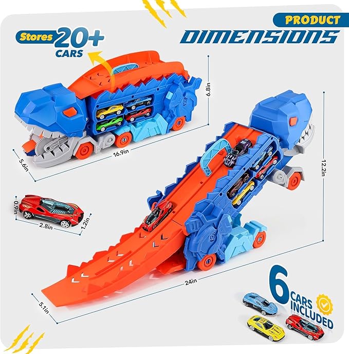 Dinosaur Transport Truck Toy for Boys 2-Layer Transformable Dinosaur Transport Carrier Truck with 2 Diecast Race Cars