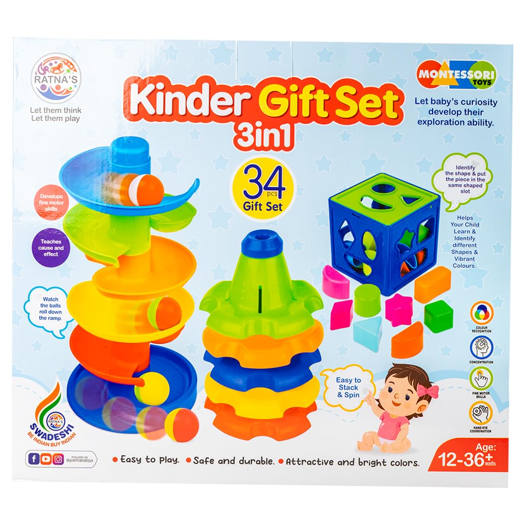 Ratna's 3 in 1 Kinder Gift Set Containing Stack-N-Spin, Rainbow Spinning Tower & Shape Sorter Cube Montessori Toys Preschool Learning for Infants & Toddlers