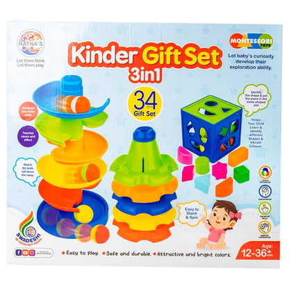 Ratna's 3 in 1 Kinder Gift Set Containing Stack-N-Spin, Rainbow Spinning Tower & Shape Sorter Cube Montessori Toys Preschool Learning for Infants & Toddlers