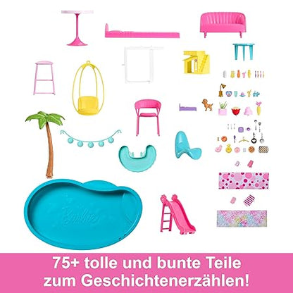 Barbie Dreamhouse, Pool Party Doll House with 75+ Pieces and 3-Story Slide, Pet Elevator and Puppy Play Area