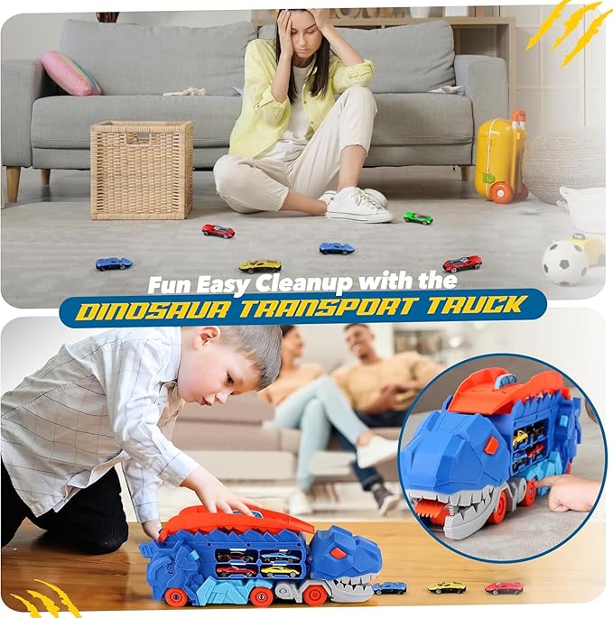 Dinosaur Transport Truck Toy for Boys 2-Layer Transformable Dinosaur Transport Carrier Truck with 2 Diecast Race Cars