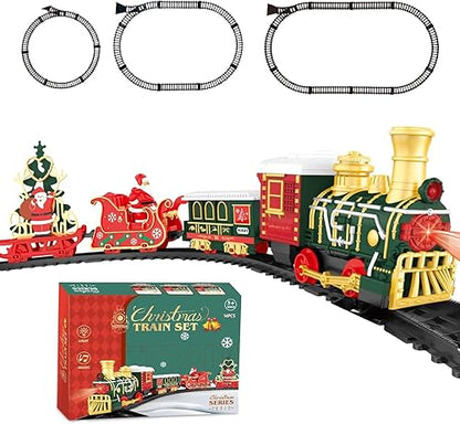 Christmas Rail Train Set, with Realistic Sound, Lighting, Tracks, Train Toys, 1 Locomotive+3 Carriages, Suitable for Children, Boys, and Girls 4+ Years Old (No Smokes)