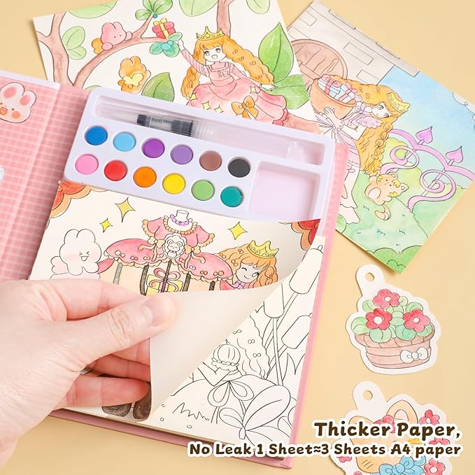 Cartoon Theme Watercolor Colouring Book for Kids -12 Colours Solid with Brush & DIY Coloring Sheets – Art & Craft Activity Book for Boys & Girls, Pack of 1