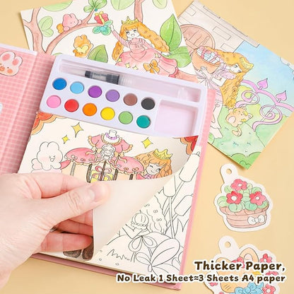 Cartoon Theme Watercolor Colouring Book for Kids -12 Colours Solid with Brush & DIY Coloring Sheets – Art & Craft Activity Book for Boys & Girls, Pack of 1