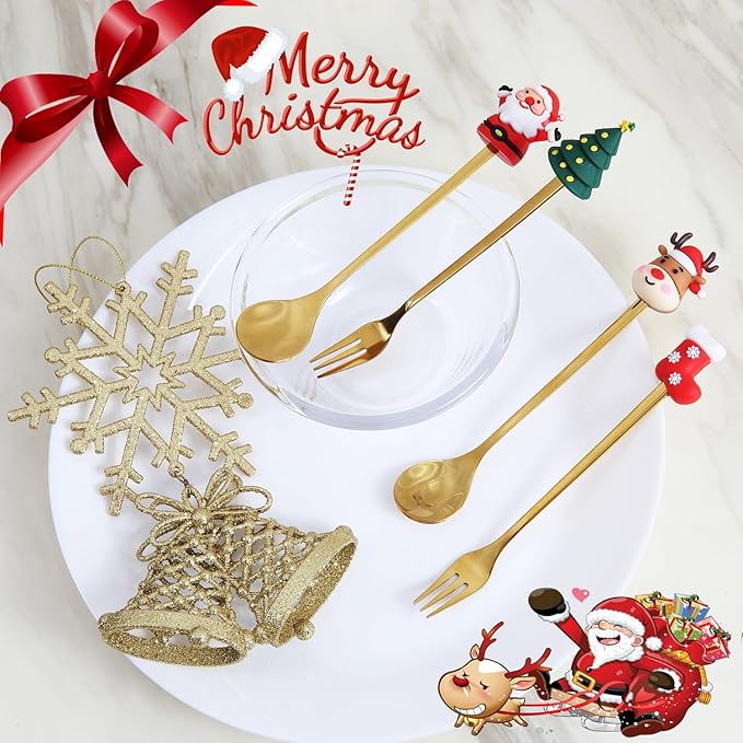 4Pack Stainless Steel Christmas Coffee Spoon and Xmas Dinner Forks Set -Dessert Fruit Ice Cream Iced Tea Spoon, Cake Forks - Gifts for Christmas Party Supply