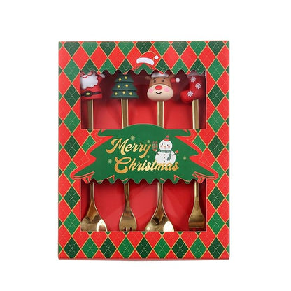 4Pack Stainless Steel Christmas Coffee Spoon and Xmas Dinner Forks Set -Dessert Fruit Ice Cream Iced Tea Spoon, Cake Forks - Gifts for Christmas Party Supply