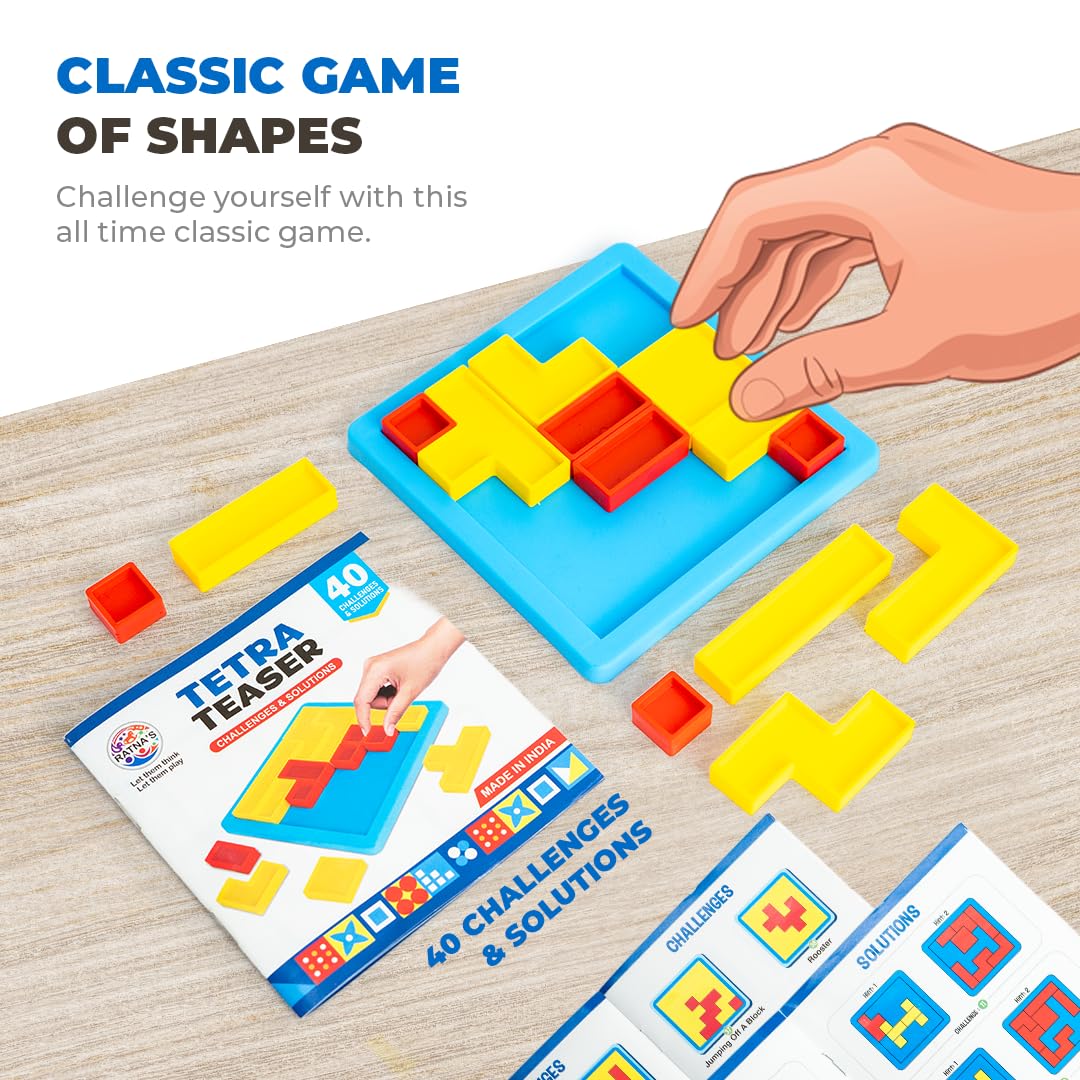 Ratna's Tetra Teaser, Classic Shape Puzzle Game, 40 Challenges, 12 x 12 cm Board, Mind Challenging Family Game for All Ages