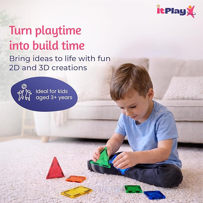 ITPlay Magnetic Tiles 34 Pcs Building Set for Kids | STEM & STEAM Learning Toy | Strong Magnetic Tiles | 2D & 3D Construction Shapes | Safe BPA-Free Educational Toys | Creative Play Set | Age 3+