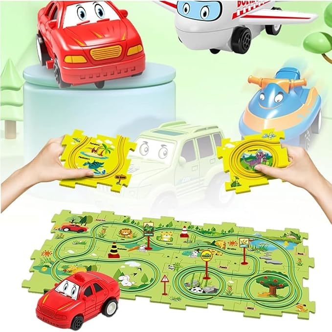 13 PCS Rail Car Puzzle Track Set for Kids with A Cute Vehicle Toddler Puzzle Track Play Set- Critical Thinking Educational Toys for 3-5 Year Old Boys Girls (Multi-Design)