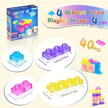 40 PCS Magic Gummy Building Blocks for Kids 3+ Years, Soft Stretchable Squeezable Transparent Sensory Stacking Construction Blocks, Montessori STEM Learning Brick Toy Gift for Boys & Girls