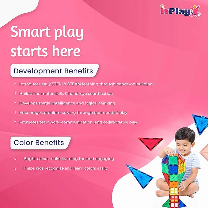 ITPlay Magnetic Tiles 59 Pcs Building Set for Kids | STEM & STEAM Learning Toy | Strong Magnetic Tiles | 2D & 3D Construction Shapes | Safe BPA-Free Educational Toys | Creative Play Set | Age 3+