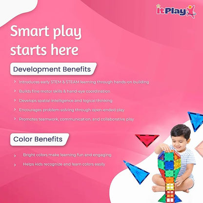 ITPlay Magnetic Tiles 59 Pcs Building Set for Kids | STEM & STEAM Learning Toy | Strong Magnetic Tiles | 2D & 3D Construction Shapes | Safe BPA-Free Educational Toys | Creative Play Set | Age 3+