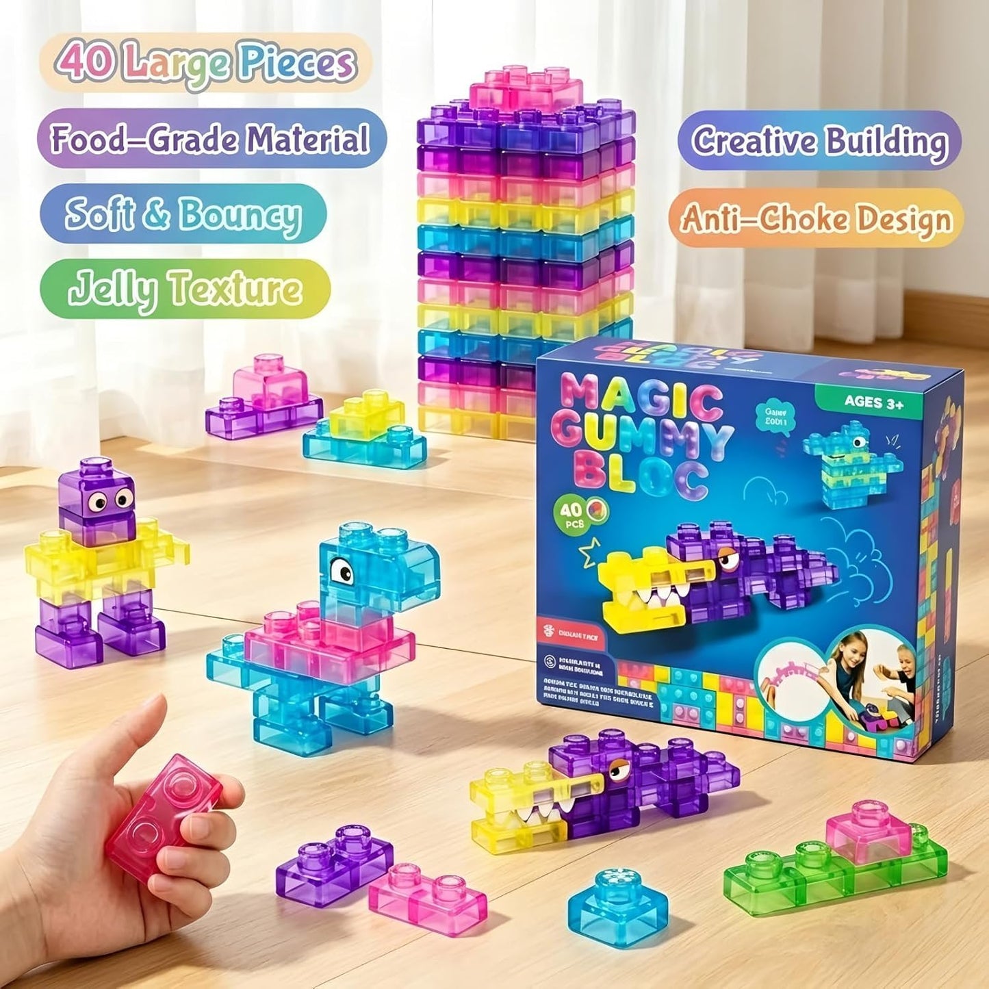 40 PCS Magic Gummy Building Blocks for Kids 3+ Years, Soft Stretchable Squeezable Transparent Sensory Stacking Construction Blocks, Montessori STEM Learning Brick Toy Gift for Boys & Girls