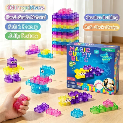 40 PCS Magic Gummy Building Blocks for Kids 3+ Years, Soft Stretchable Squeezable Transparent Sensory Stacking Construction Blocks, Montessori STEM Learning Brick Toy Gift for Boys & Girls