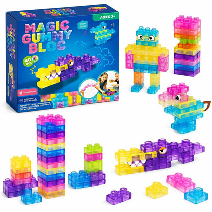 40 PCS Magic Gummy Building Blocks for Kids 3+ Years, Soft Stretchable Squeezable Transparent Sensory Stacking Construction Blocks, Montessori STEM Learning Brick Toy Gift for Boys & Girls