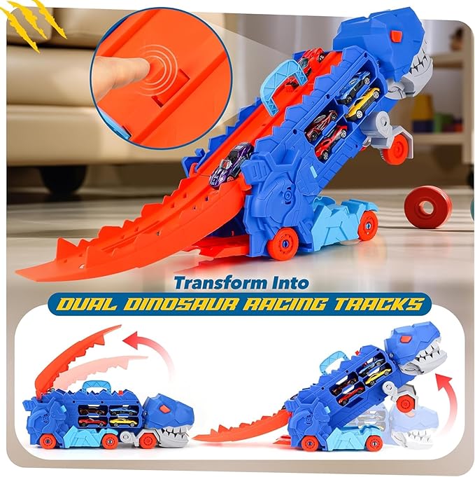 Dinosaur Transport Truck Toy for Boys 2-Layer Transformable Dinosaur Transport Carrier Truck with 2 Diecast Race Cars