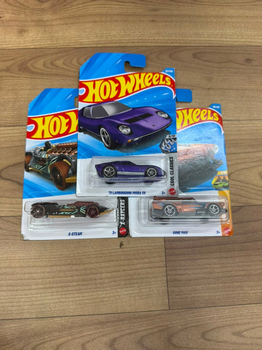 71 LAMBORGHINI MIURA SV AND GONE MAD AND X STEAM: SINGLE HOT WHEELS CARS (Copy)