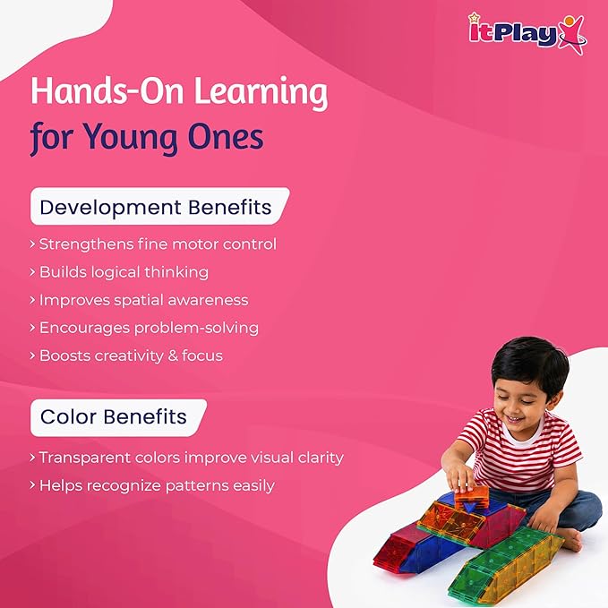 ITPlay Magnetic Tiles 98 Pcs Building Set for Kids | STEM & STEAM Learning Toy | Strong Magnetic Tiles | 2D & 3D Construction Shapes | Safe BPA-Free Educational Toys | Creative Play Set | Age 3+